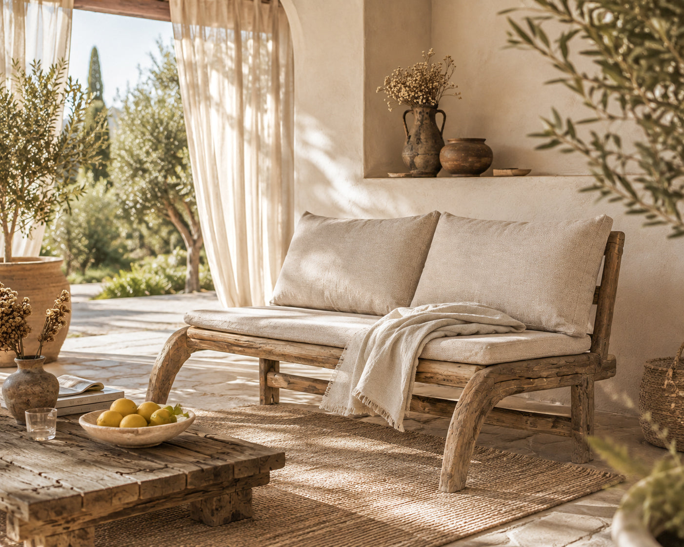 Karoo Sofa two-seater with a natural timber frame and light upholstered cushions, styled in a covered outdoor lounge with soft linen curtains and garden views.