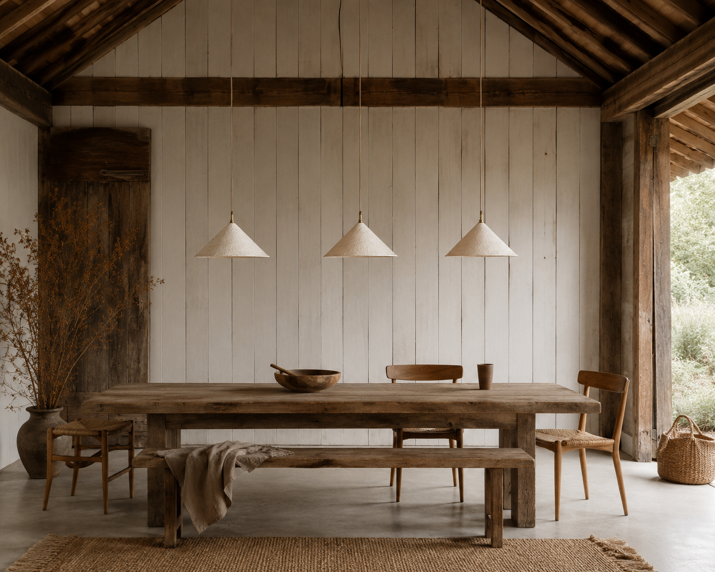 Khufu small pendant lights in Light Roast with textured shades suspended above a rustic timber dining table in a warm natural dining room.