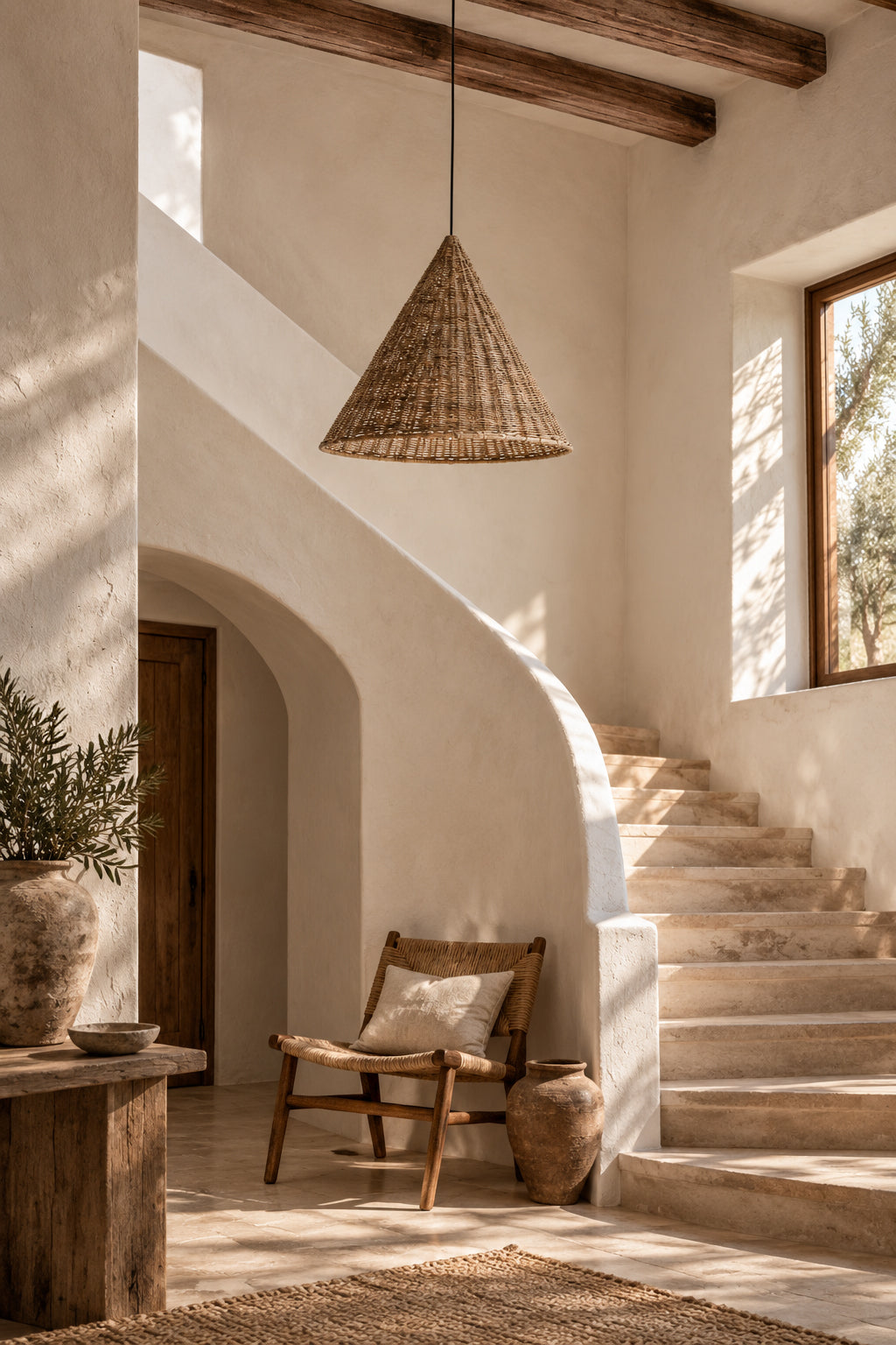 A rustic woven wicker pendant light hangs in a sunlit interior with plaster walls, a stone staircase, a wooden chair, and a large vase on a side table.