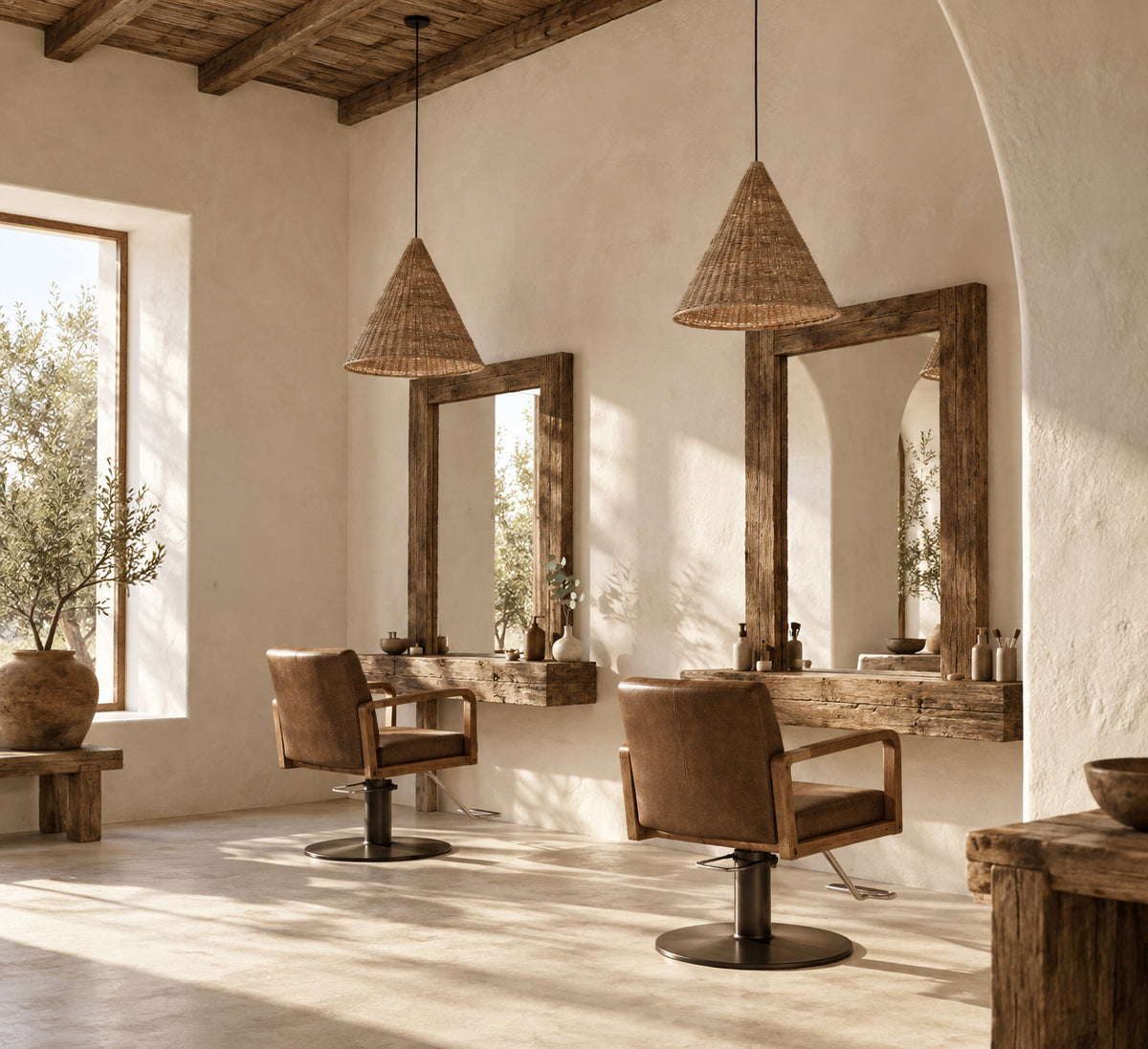 A rustic salon interior with two brown leather barber chairs, large wood-framed mirrors, and woven pendant lights in a warm, sunlit room with plaster walls and exposed wooden ceiling beams.