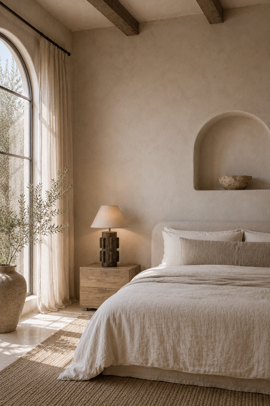 Liwa table lamp with a sculptural textured base and paper mache shade styled on a timber bedside table in a warm natural bedroom.