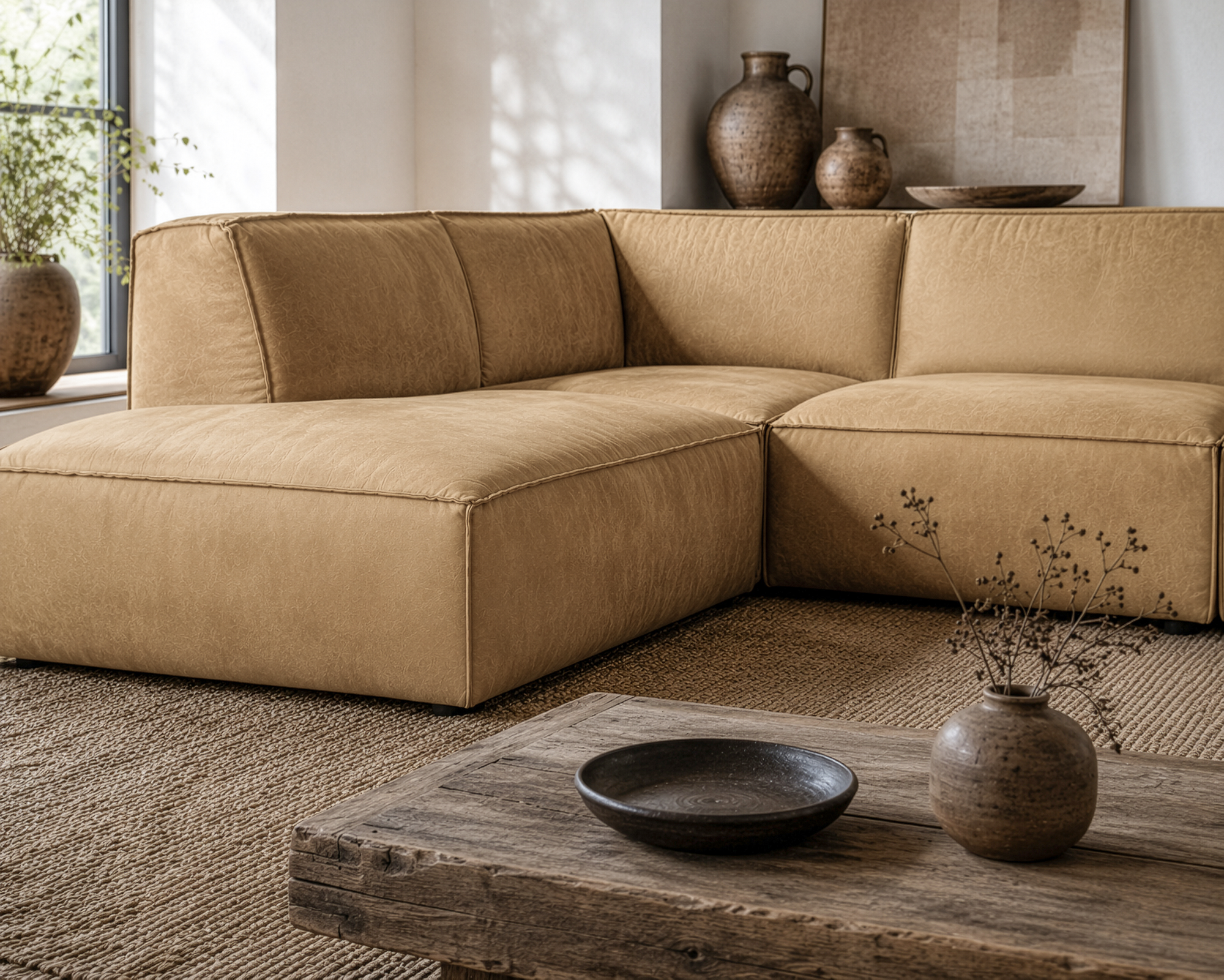 Manson modular sofa in cashew leather styled in a rustic living room with timber ceiling beams textured decor and warm natural tones