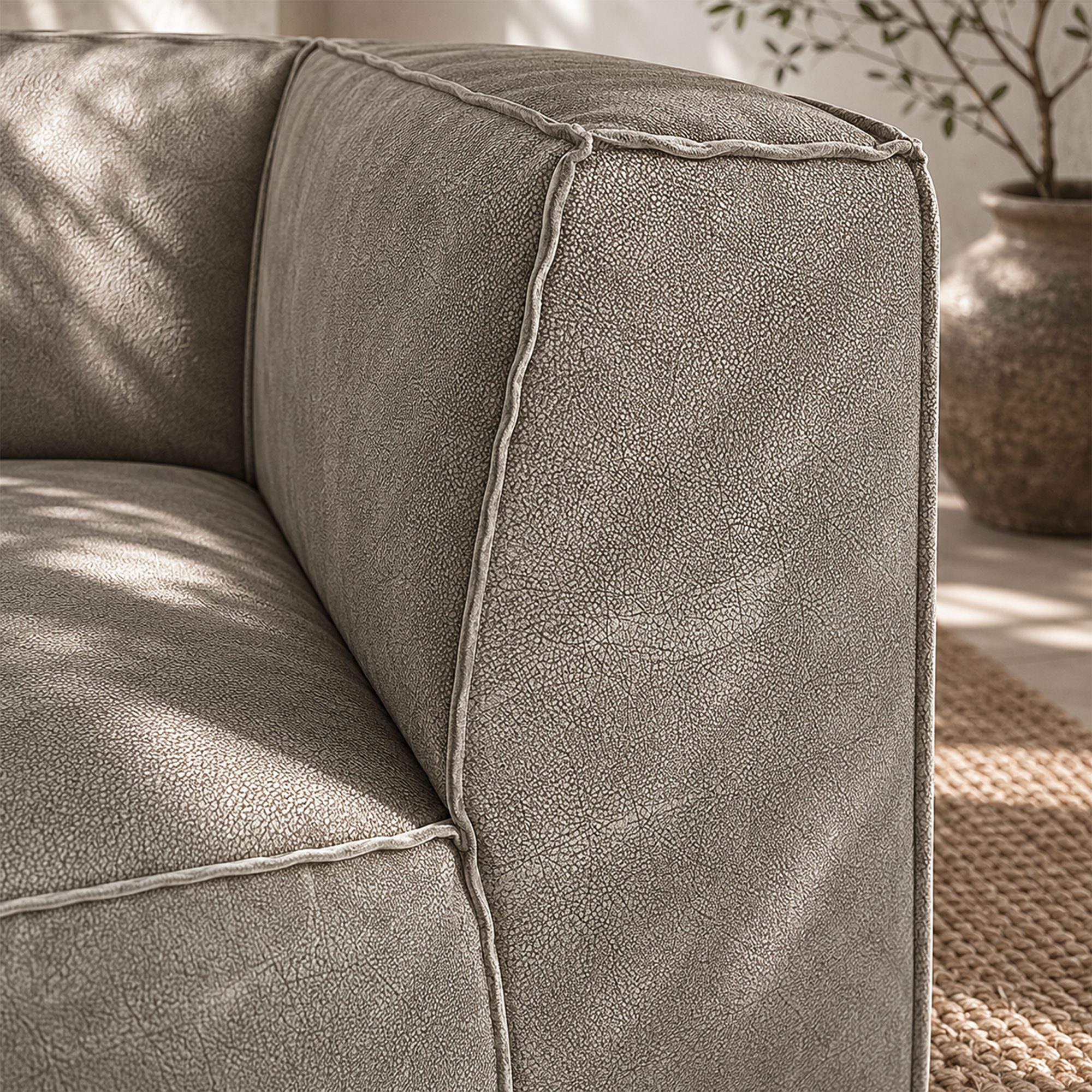 Manson modular sofa in earthy grey styled in a rustic lounge with timber shelving textured walls and natural woven flooring