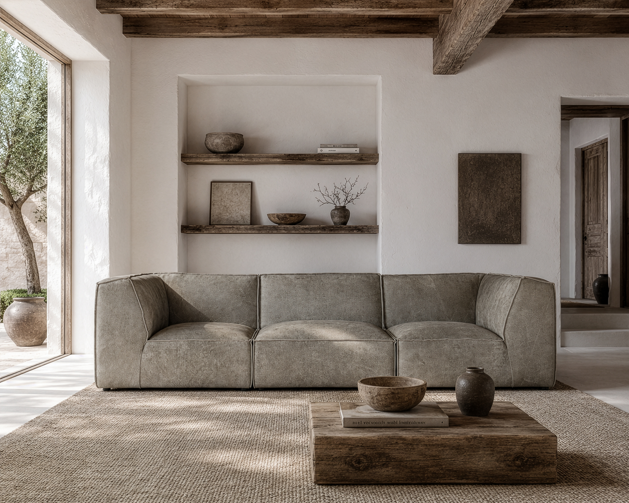 Manson modular sofa in earthy grey styled in a rustic lounge with timber shelving textured walls and natural woven flooring