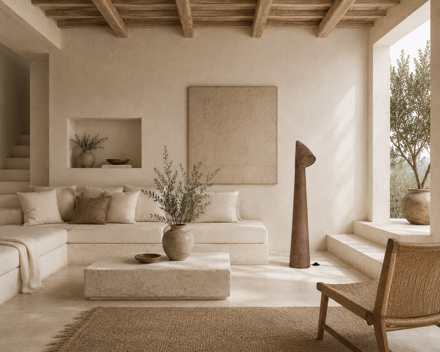Nhara floor lamp with angled shade styled in a warm Mediterranean inspired living room with soft natural light.