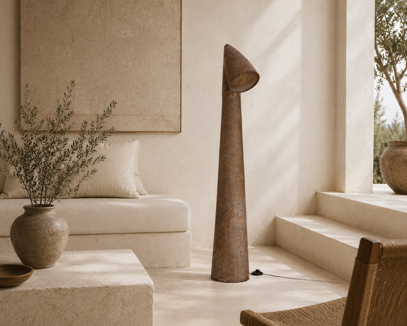 Nhara floor lamp with a sculptural paper mache lamp and angled shade styled in a warm Mediterranean inspired living room with soft natural light.