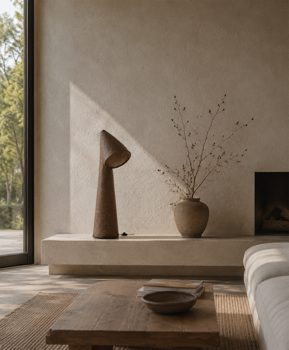 Nhara table lamp with a sculptural paper mache base and angled shade styled on a minimalist hearth in a warm natural living room.
