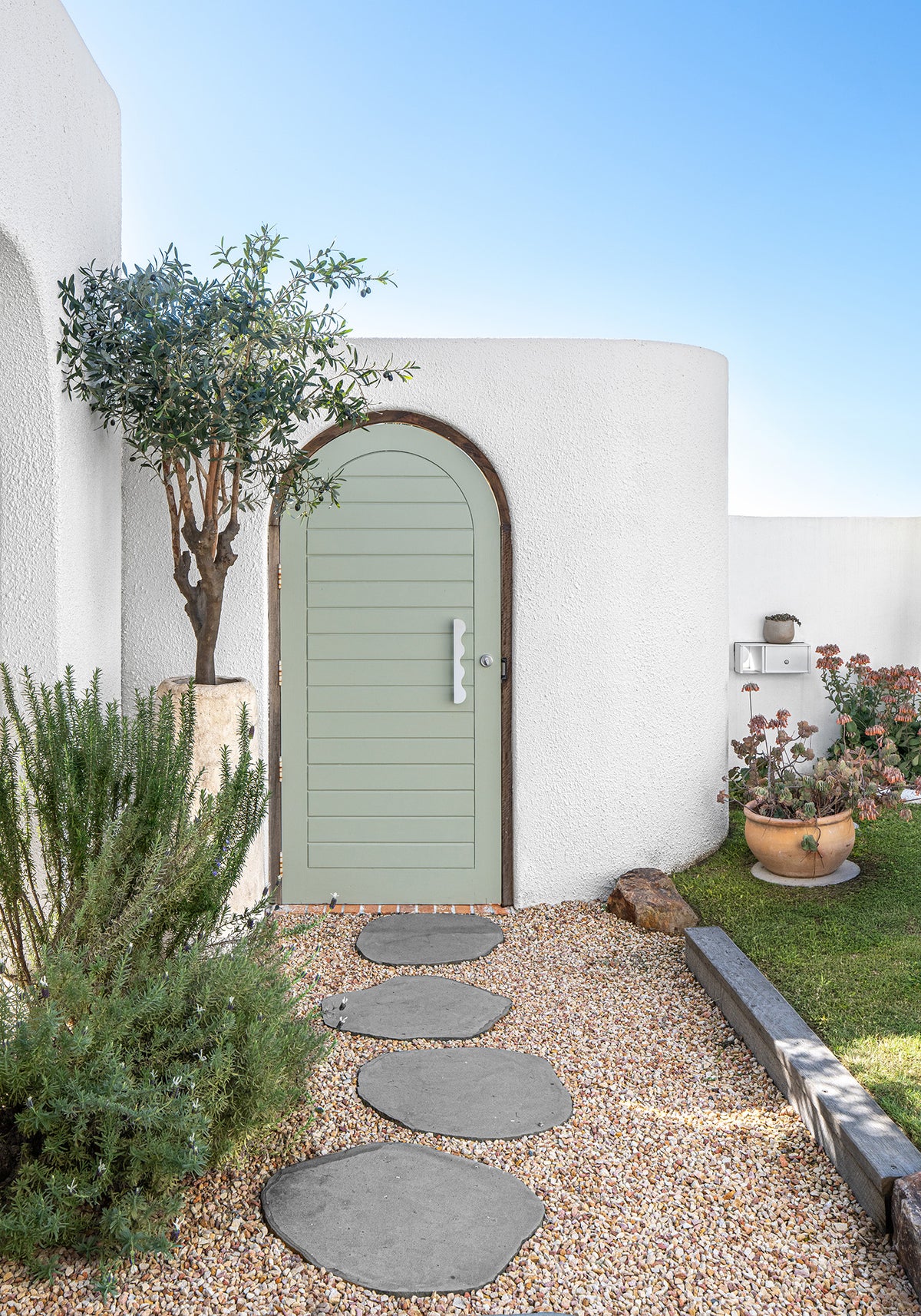 Nusa Palm Planter with an olive tree beside an arched entrance of a Mediterranean inspired home.