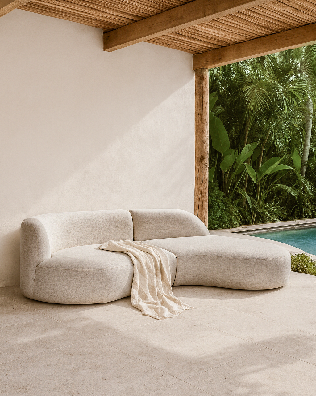 Oasis Outdoor Sofa with Sunproof Olefin cushions in a light neutral tone, styled under a timber pergola beside a tropical pool