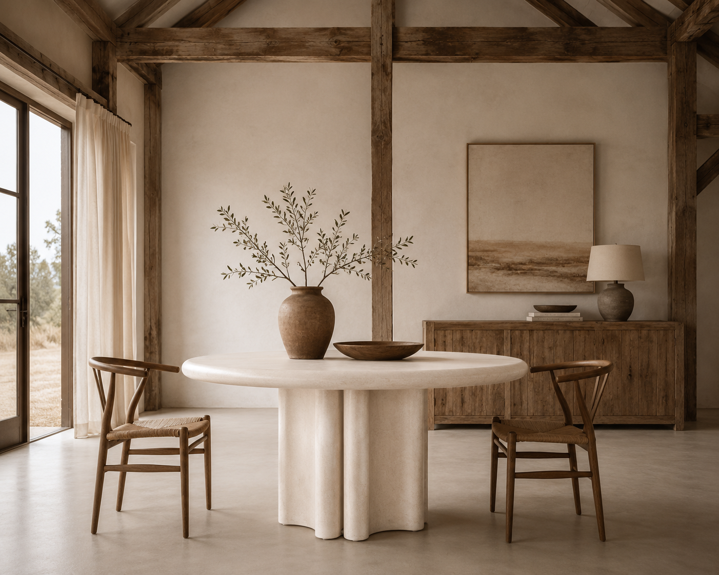 Oman dining table with a sculptural round form styled in a warm neutral dining room with timber chairs, natural textures and rustic architectural details.