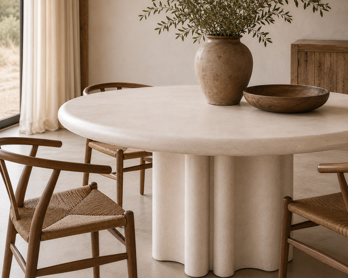 Close up of the Oman dining table featuring a rounded tabletop and sculptural fluted pedestal base styled with timber dining chairs in a warm neutral interior.