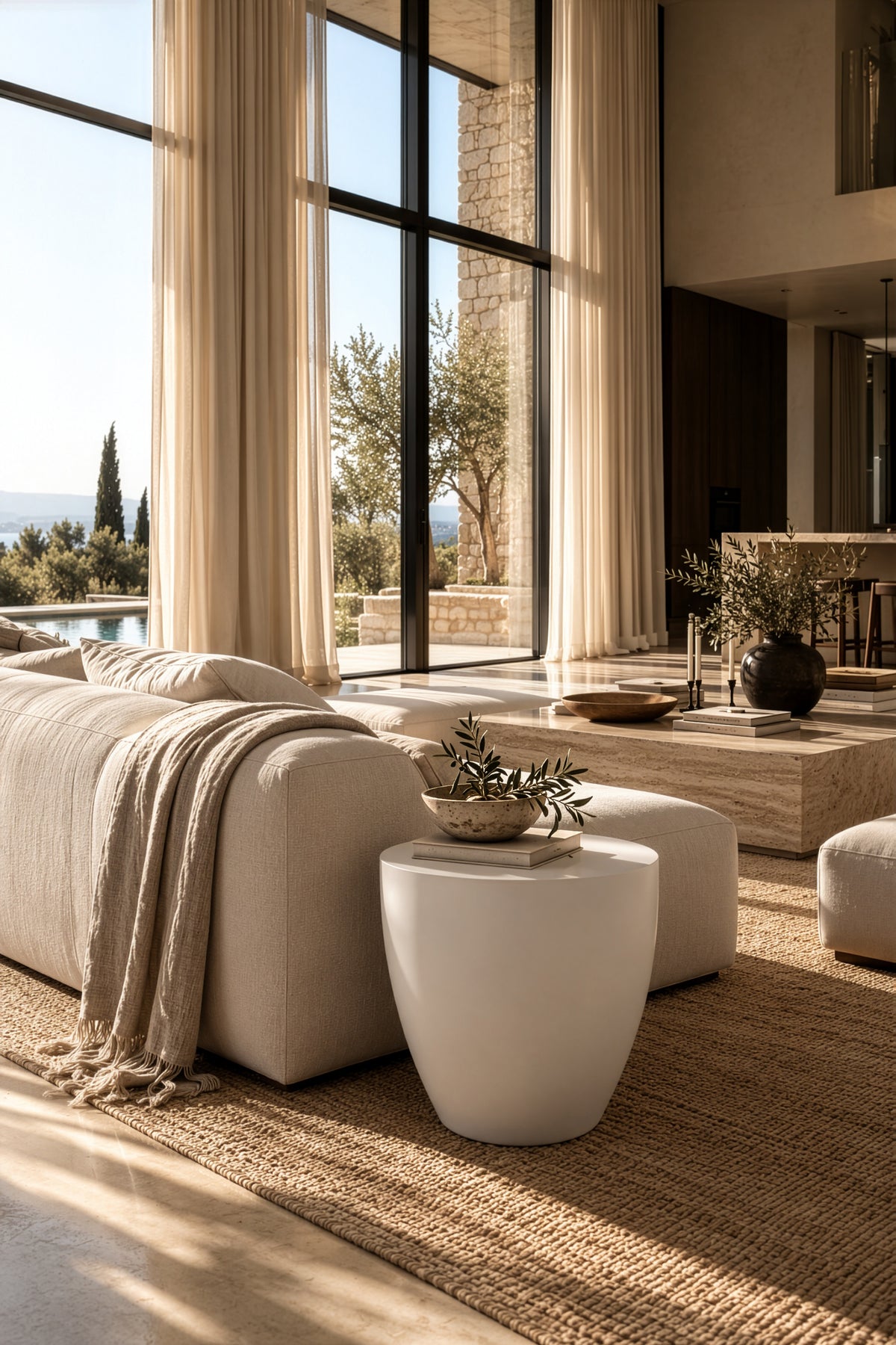 Uniqwa Collections Palm Cut Side Table in white resin, featuring a smooth sculptural form beside a neutral upholstered sofa in a sunlit contemporary living room.