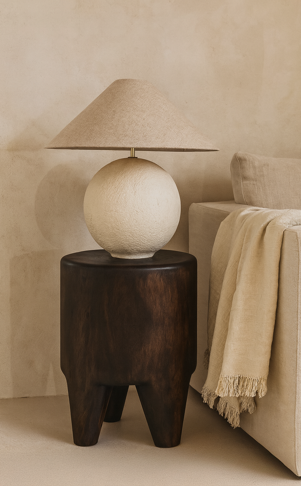 Sculptural paper mache table lamp in a soft light roast tone styled on a dark timber stool within a calm modern organic living space.