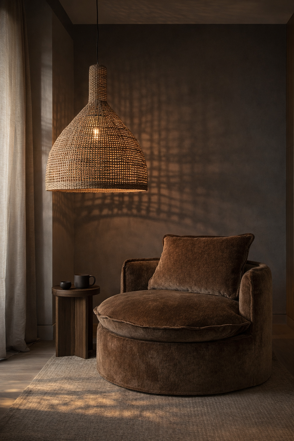 Sabora occasional chair in a rich brown fabric styled beneath the Soul woven pendant, creating a warm ambient glow in a moody interior corner.