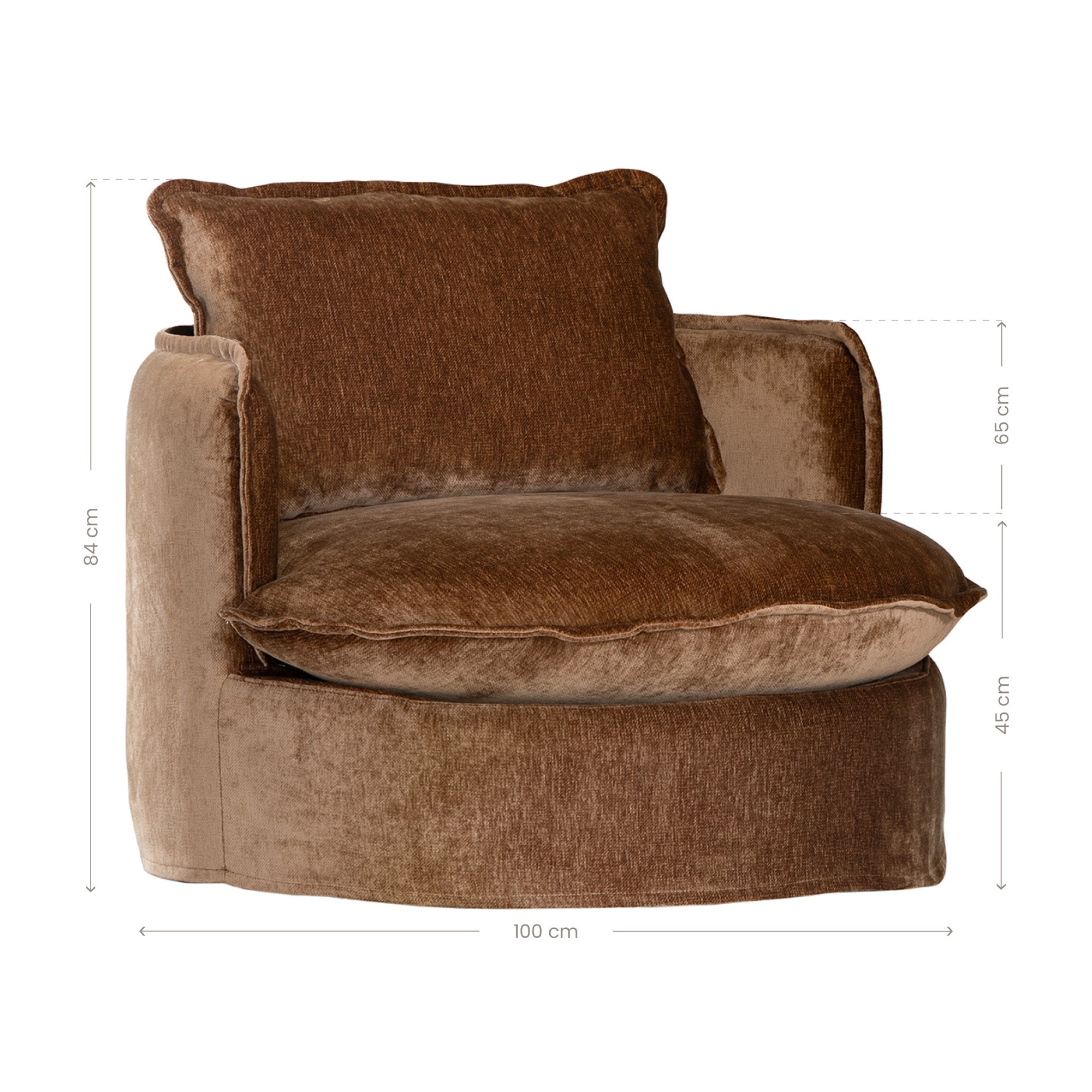 Sabora swivel chair in bronze fabric featuring a rounded upholstered silhouette with plush seat cushion and curved arms.