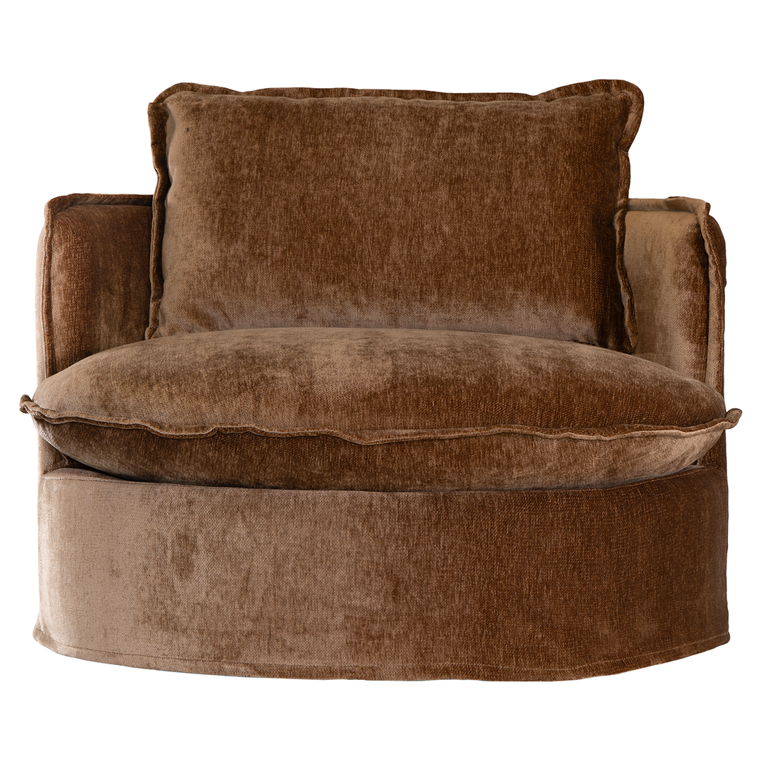 Sabora swivel chair in bronze fabric featuring a rounded upholstered silhouette with plush seat cushion and curved arms.