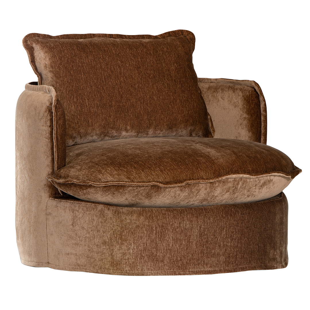 Sabora swivel chair in bronze fabric featuring a rounded upholstered silhouette with plush seat cushion and curved arms.