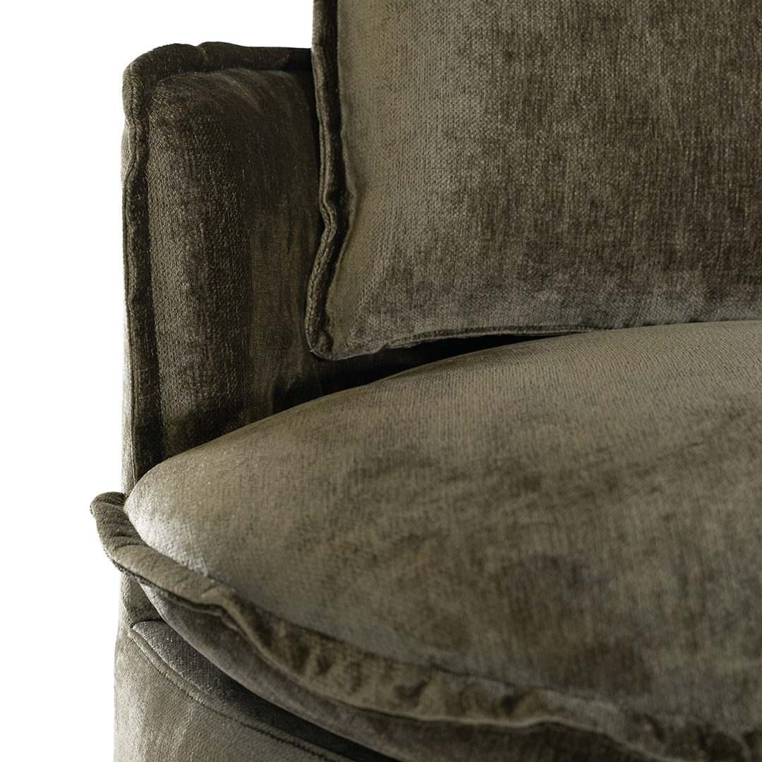Sabora swivel chair in herb fabric featuring a rounded upholstered silhouette with plush seat cushion and curved arms.