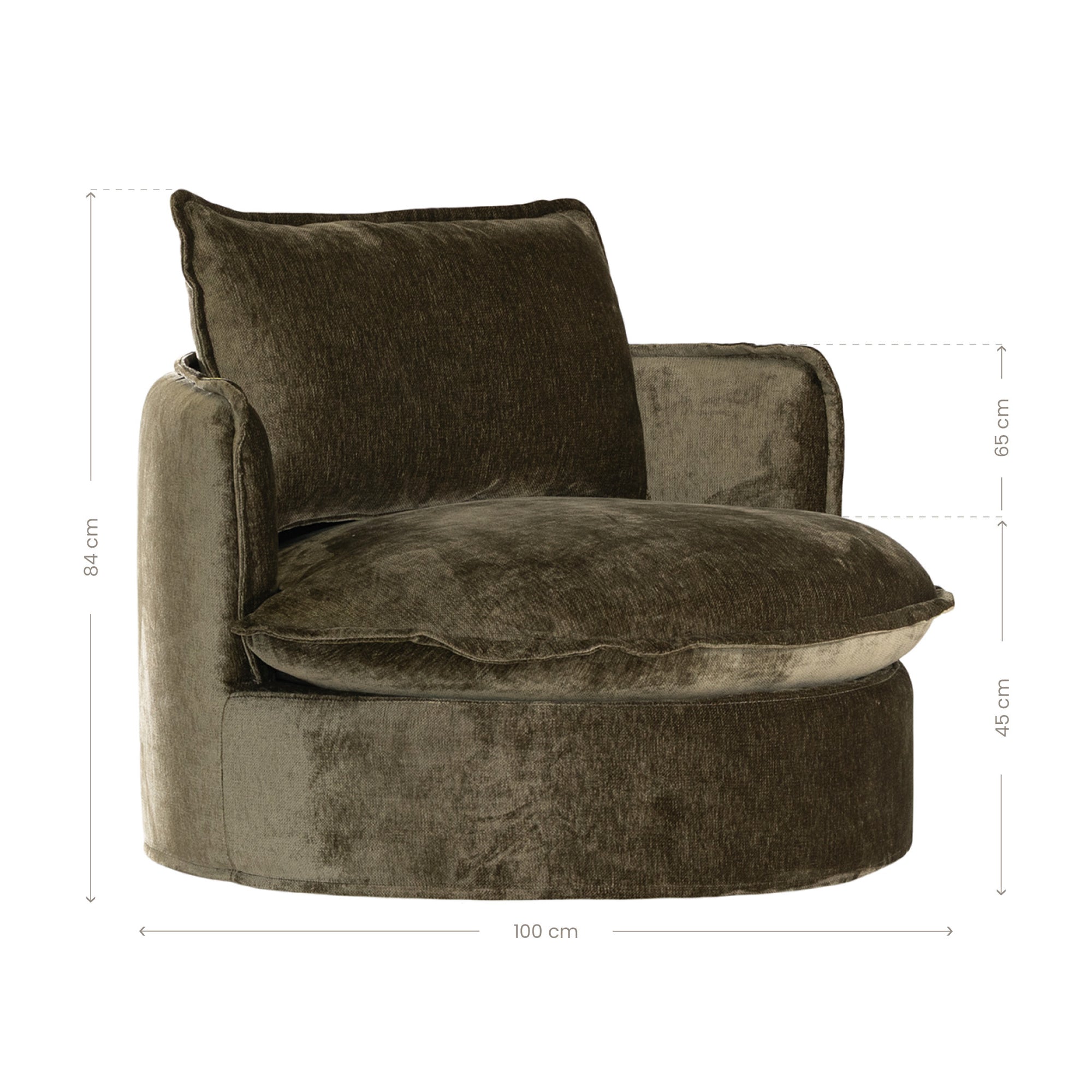 Sabora swivel chair in herb fabric featuring a rounded upholstered silhouette with plush seat cushion and curved arms.
