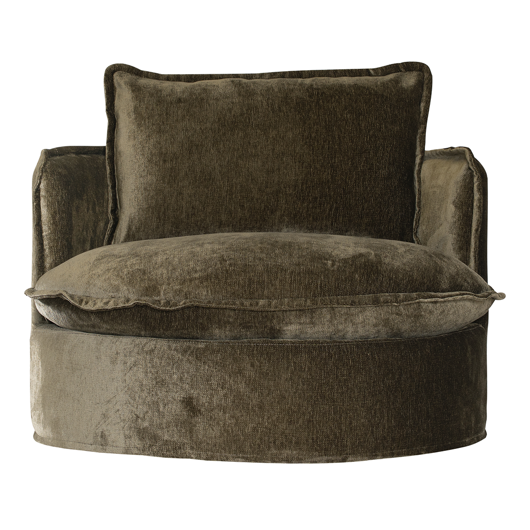 Sabora swivel chair in herb fabric featuring a rounded upholstered silhouette with plush seat cushion and curved arms.