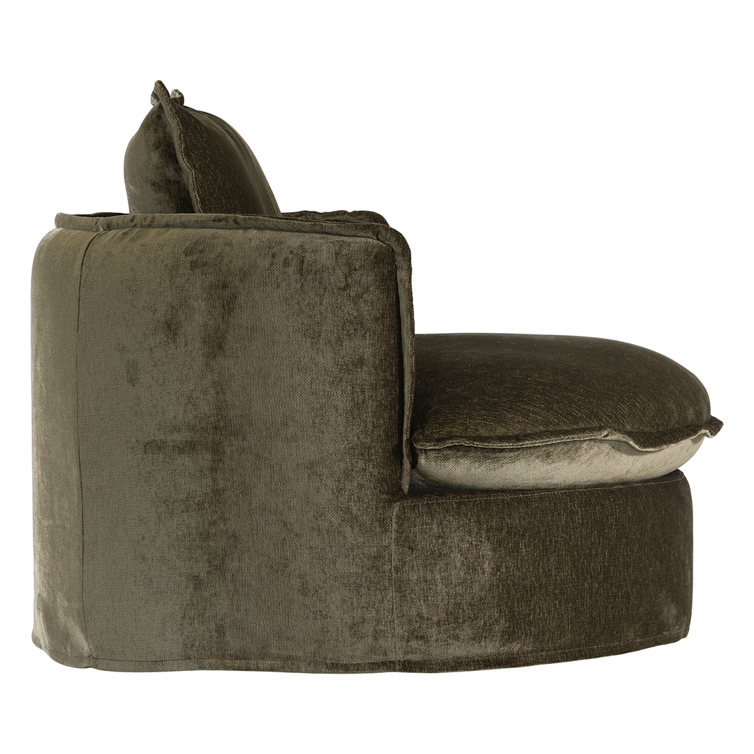 Sabora swivel chair in herb fabric featuring a rounded upholstered silhouette with plush seat cushion and curved arms.