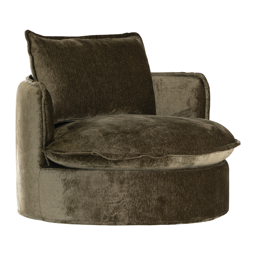 Sabora swivel chair in herb fabric featuring a rounded upholstered silhouette with plush seat cushion and curved arms.