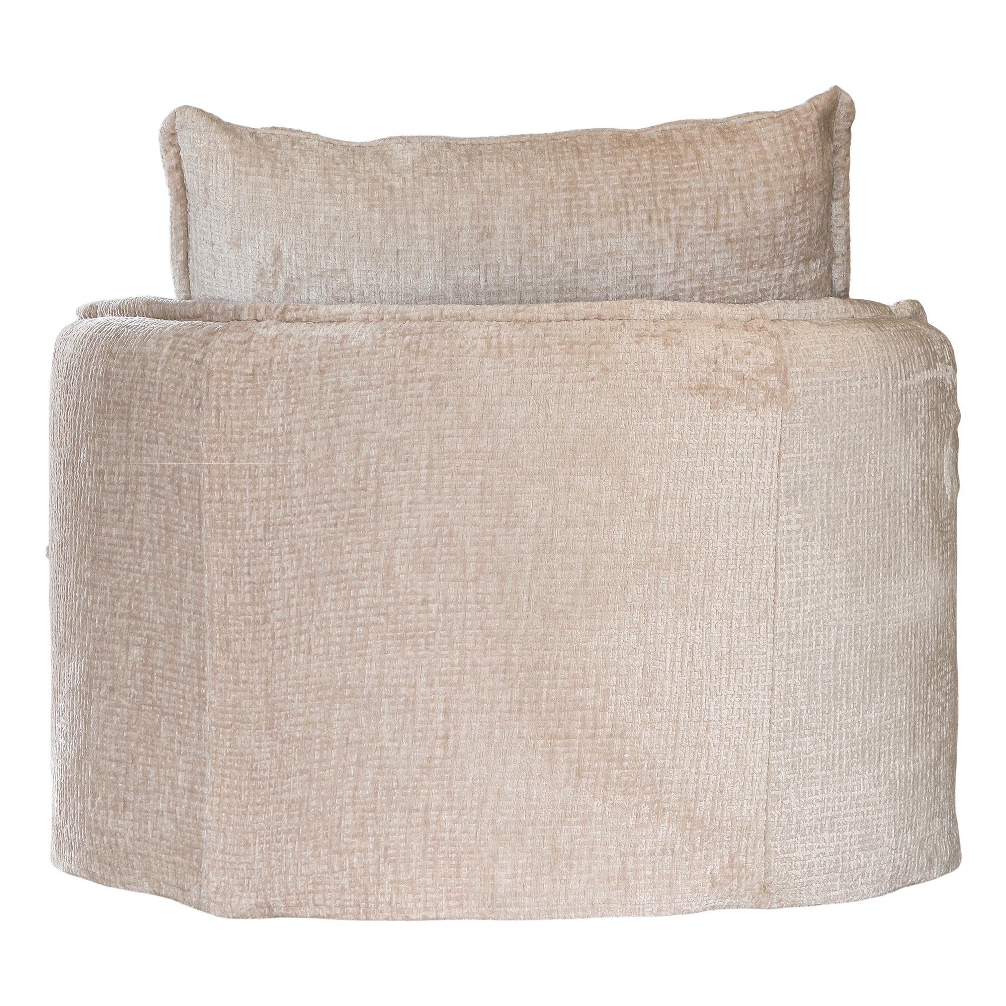 Sabora swivel chair in sand mirage fabric featuring a rounded upholstered silhouette with plush seat cushion and curved arms.