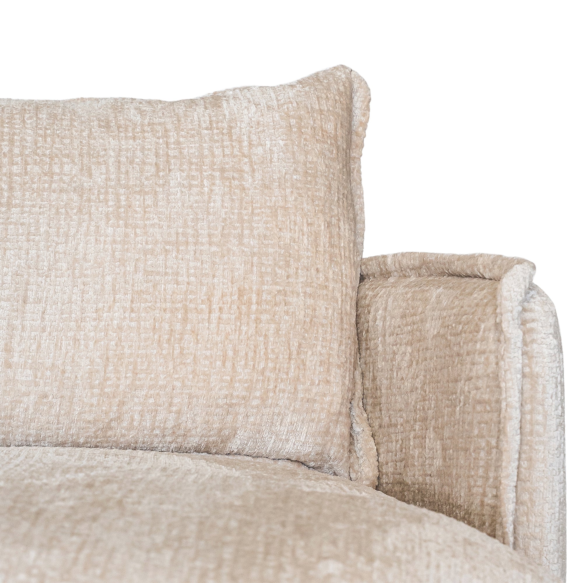 Sabora swivel chair in sand mirage fabric featuring a rounded upholstered silhouette with plush seat cushion and curved arms.