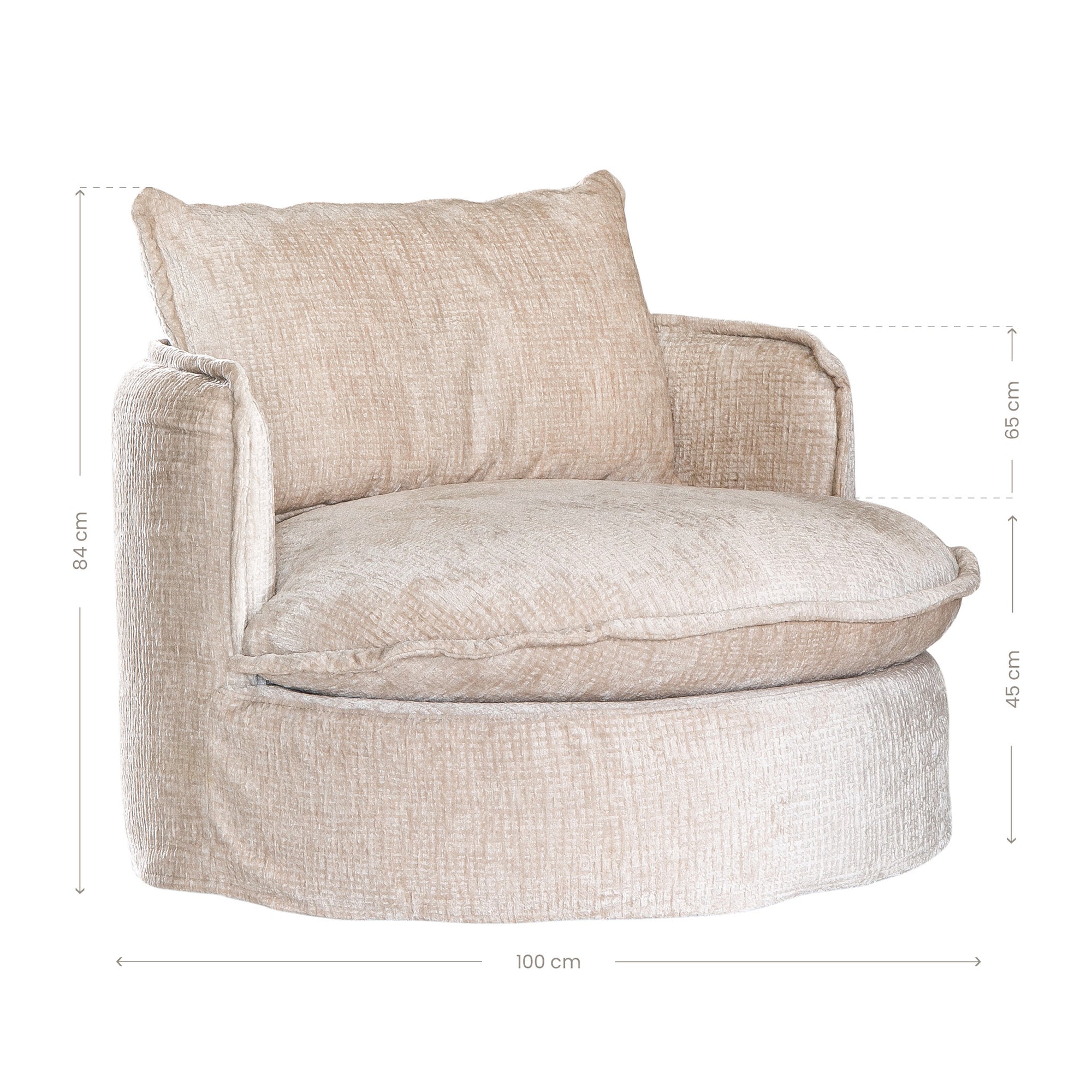 Sabora swivel chair in sand mirage fabric featuring a rounded upholstered silhouette with plush seat cushion and curved arms.