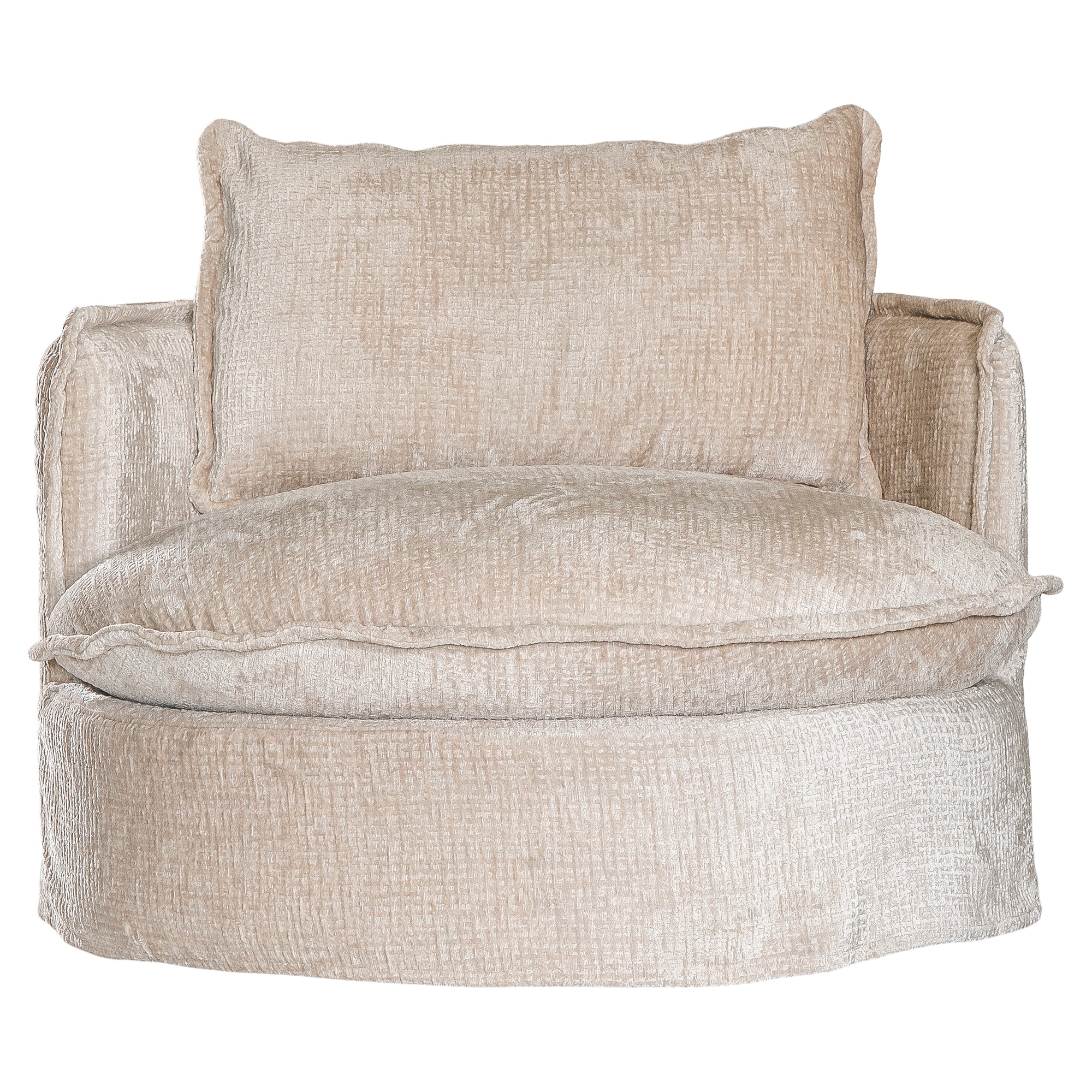 Sabora swivel chair in sand mirage fabric featuring a rounded upholstered silhouette with plush seat cushion and curved arms.