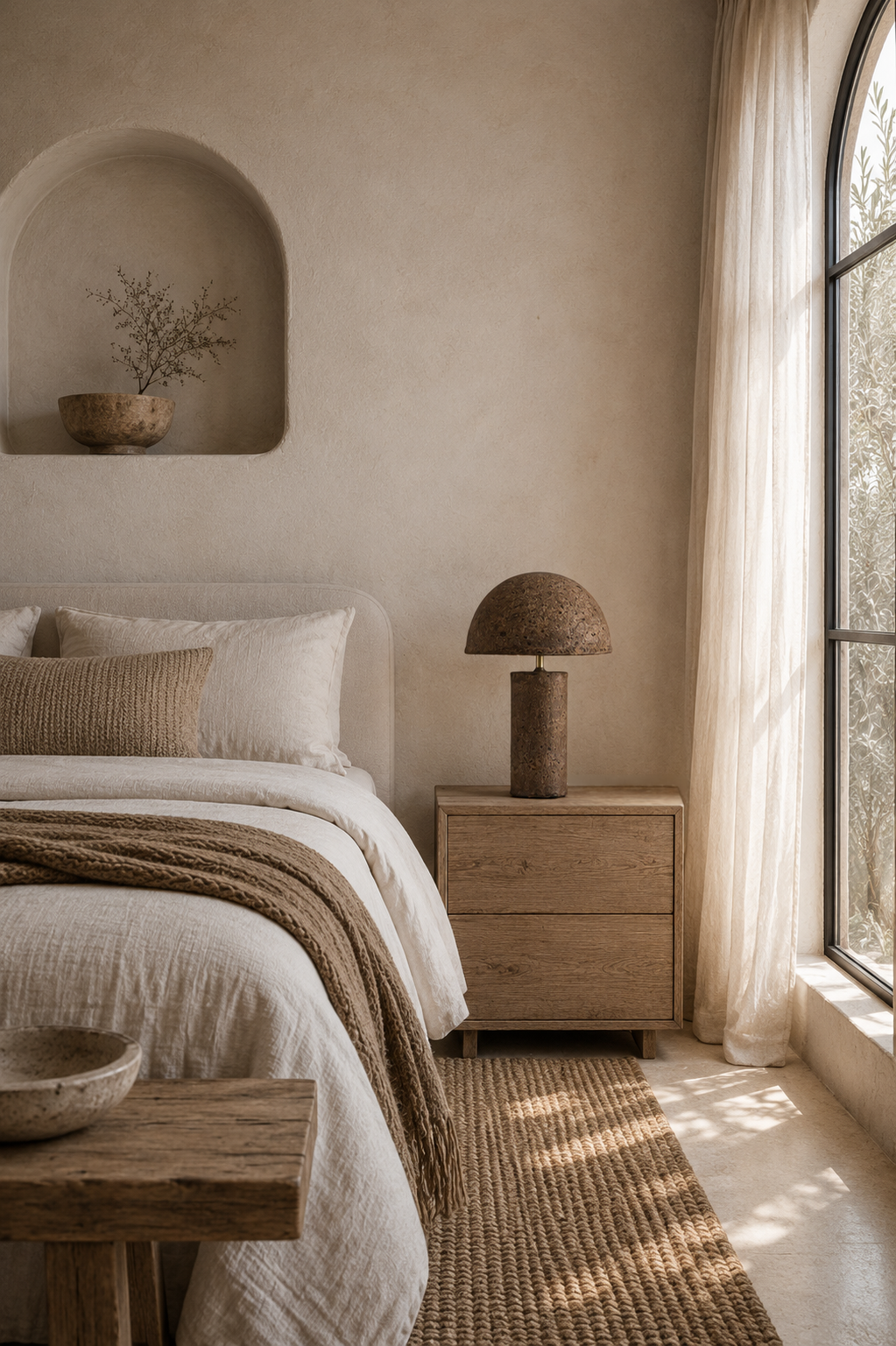 Large Samrah table lamp with a textured brown paper mache base and dome shade styled on a timber bedside table in a warm and tranquil bedroom.
