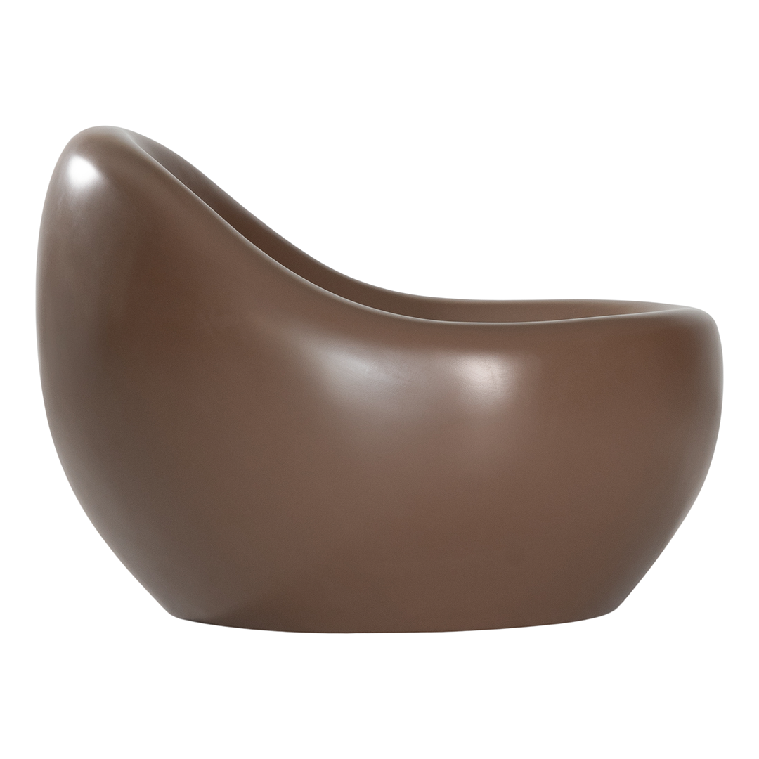 Santorini occasional chair in chocolate featuring a smooth sculptural form with rounded curves and a deep comfortable seat.