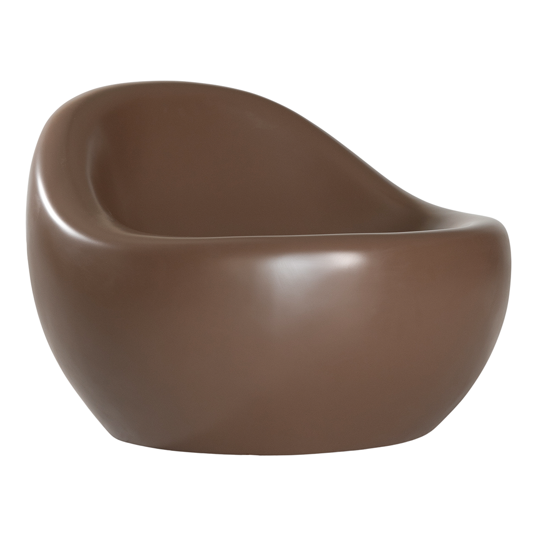Santorini occasional chair in chocolate featuring a smooth sculptural form with rounded curves and a deep comfortable seat.