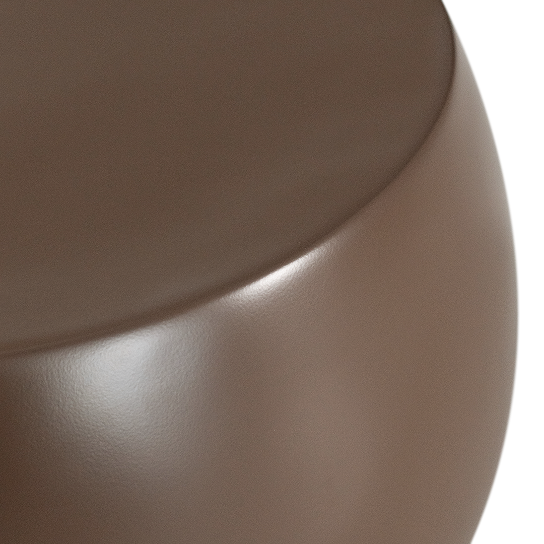 Santorini side table in chocolate featuring a smooth rounded sculptural form with a wide flat top and softly curved silhouette.
