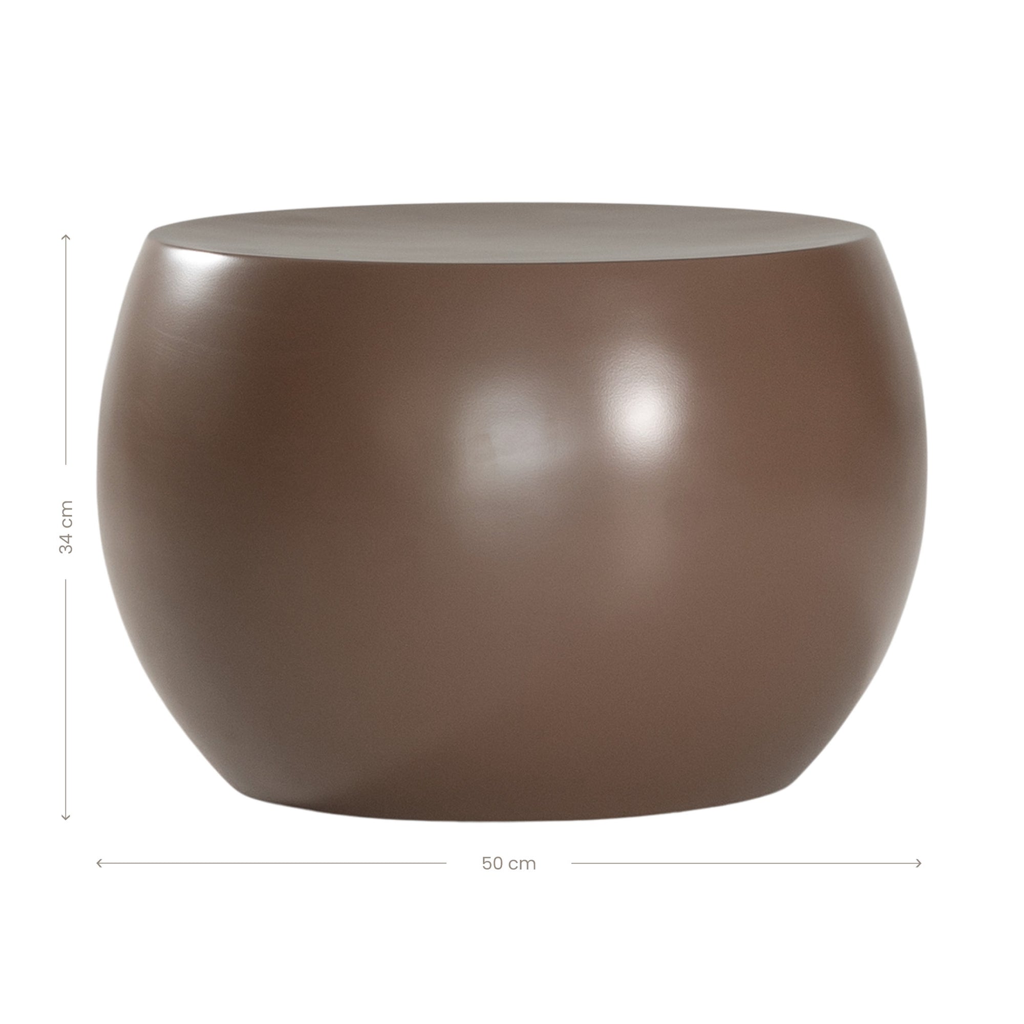 Santorini side table in chocolate featuring a smooth rounded sculptural form with a wide flat top and softly curved silhouette.