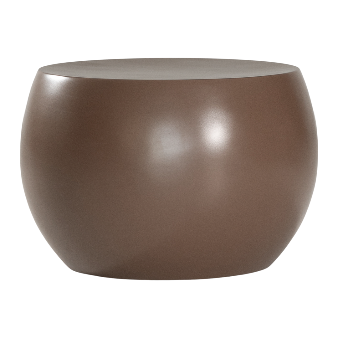 Santorini side table in chocolate featuring a smooth rounded sculptural form with a wide flat top and softly curved silhouette.