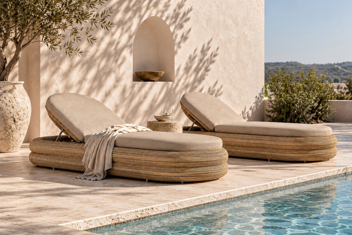 Satori Sun Lounger with woven curved base and neutral cushioning, styled in a warm poolside setting with natural stone and textured finishes.