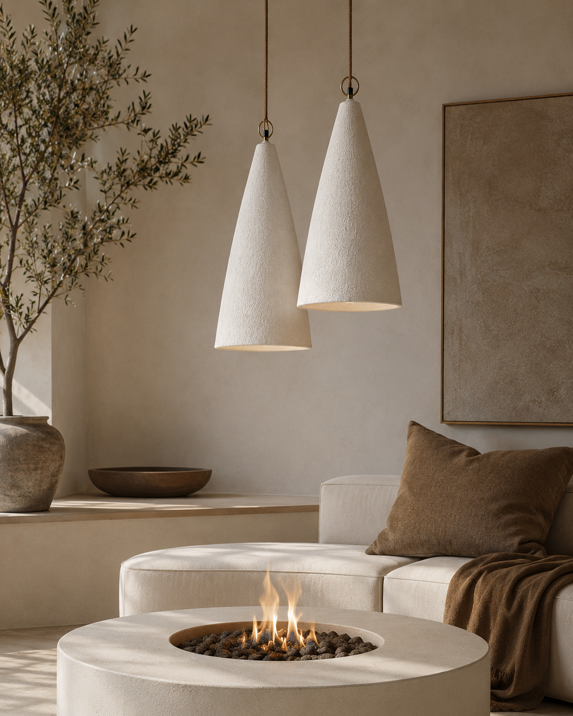 Senah Pendant lights shown as a pair, highlighting their textured conical shades suspended above a warm, minimalist living space