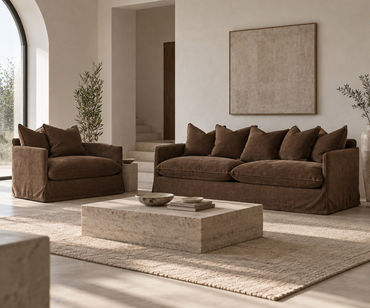 KULALA Living Singita Sofa in Cocoa shown as a three seater sofa and one seater in a warm neutral living room.