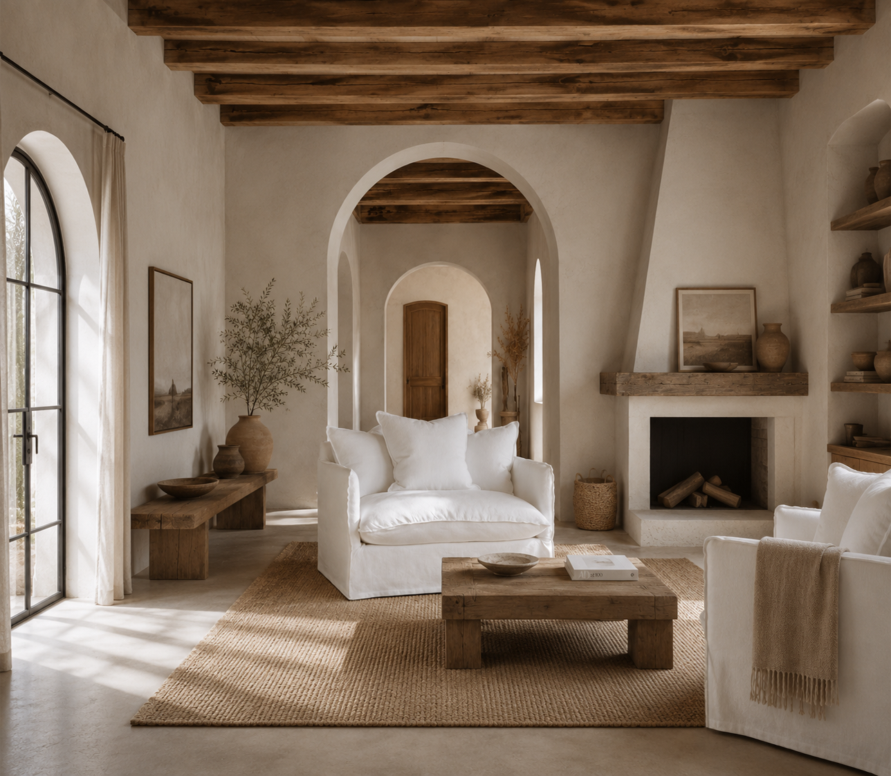 Singita Sofa One Seater in White styled in a spacious Mediterranean inspired living room with warm timber beams, arched architecture and natural textures.