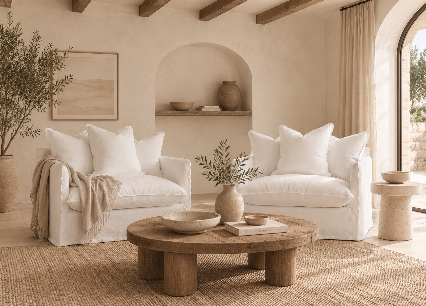 Two Singita Sofa One Seater chairs in White styled in a warm neutral living room with natural timber, textured furnishings and Mediterranean inspired architecture.