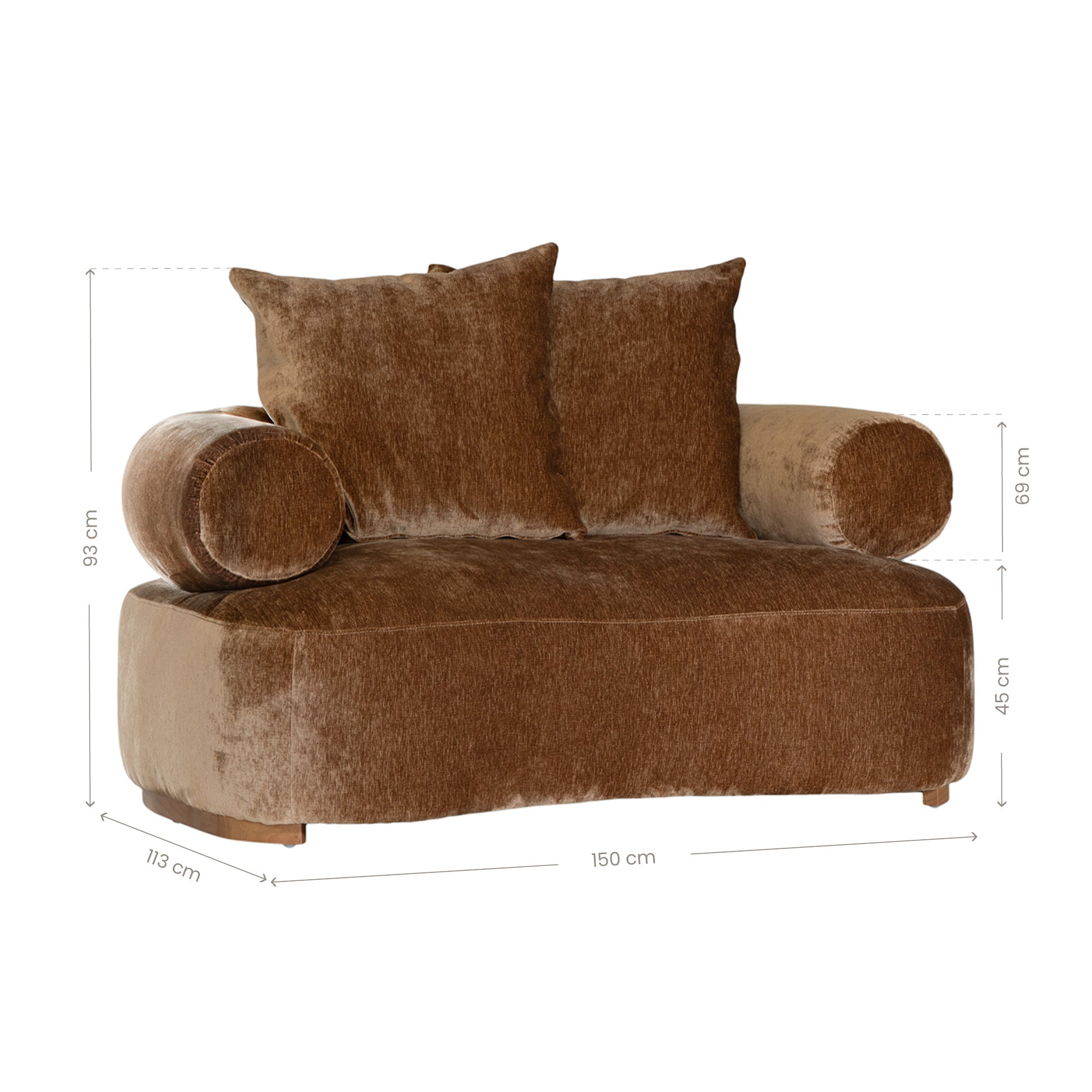 Soneva one seater sofa in bronze fabric featuring a soft curved silhouette with round bolster cushions and plush back pillows.