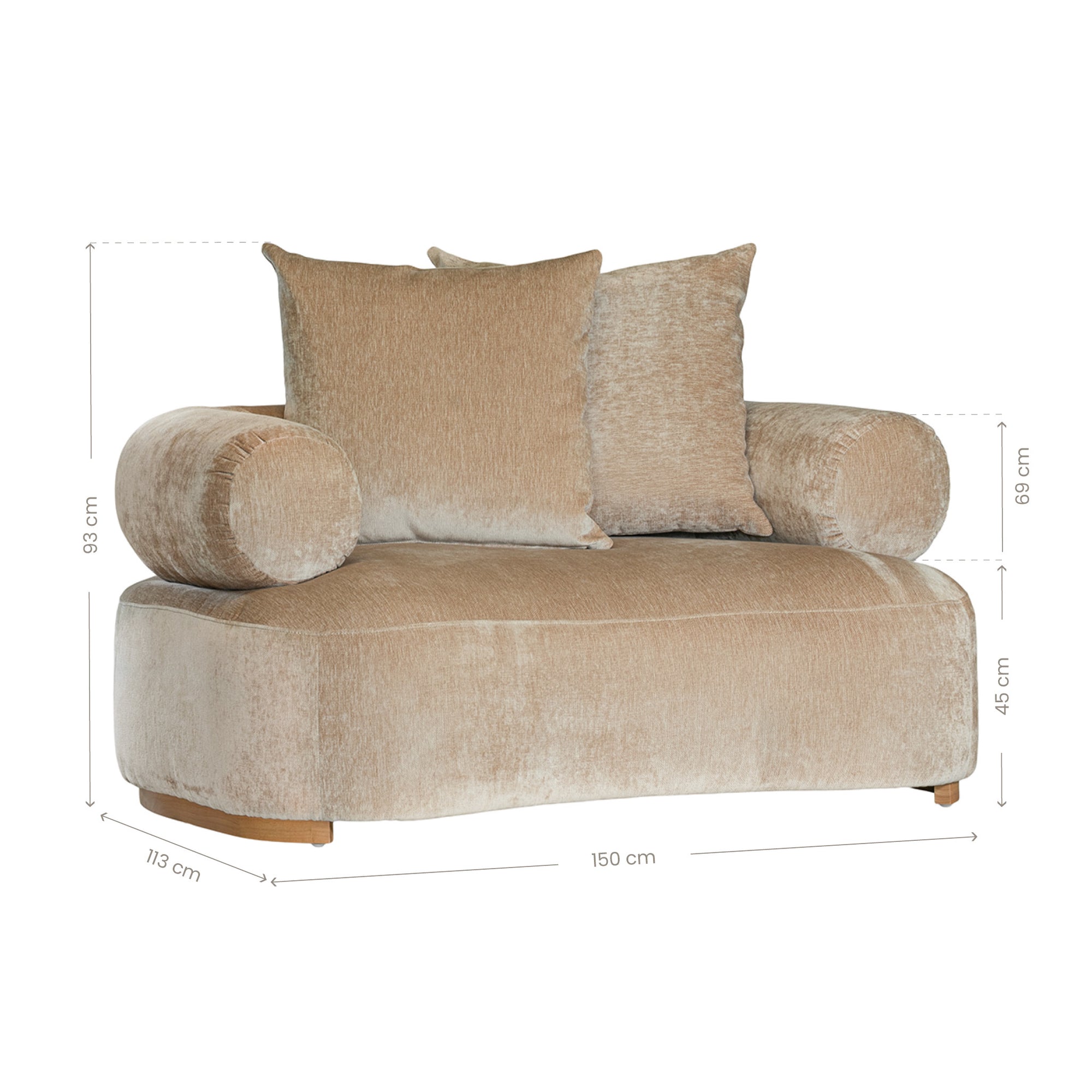 Soneva one seater sofa in dolce fabric featuring a soft curved silhouette with round bolster cushions and plush back pillows.