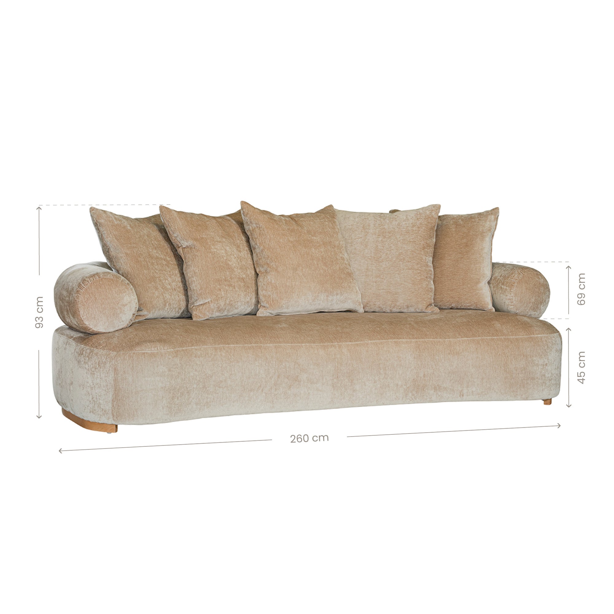 Soneva three seater sofa in dolce fabric featuring a soft curved silhouette with round bolster cushions and plush back pillows.