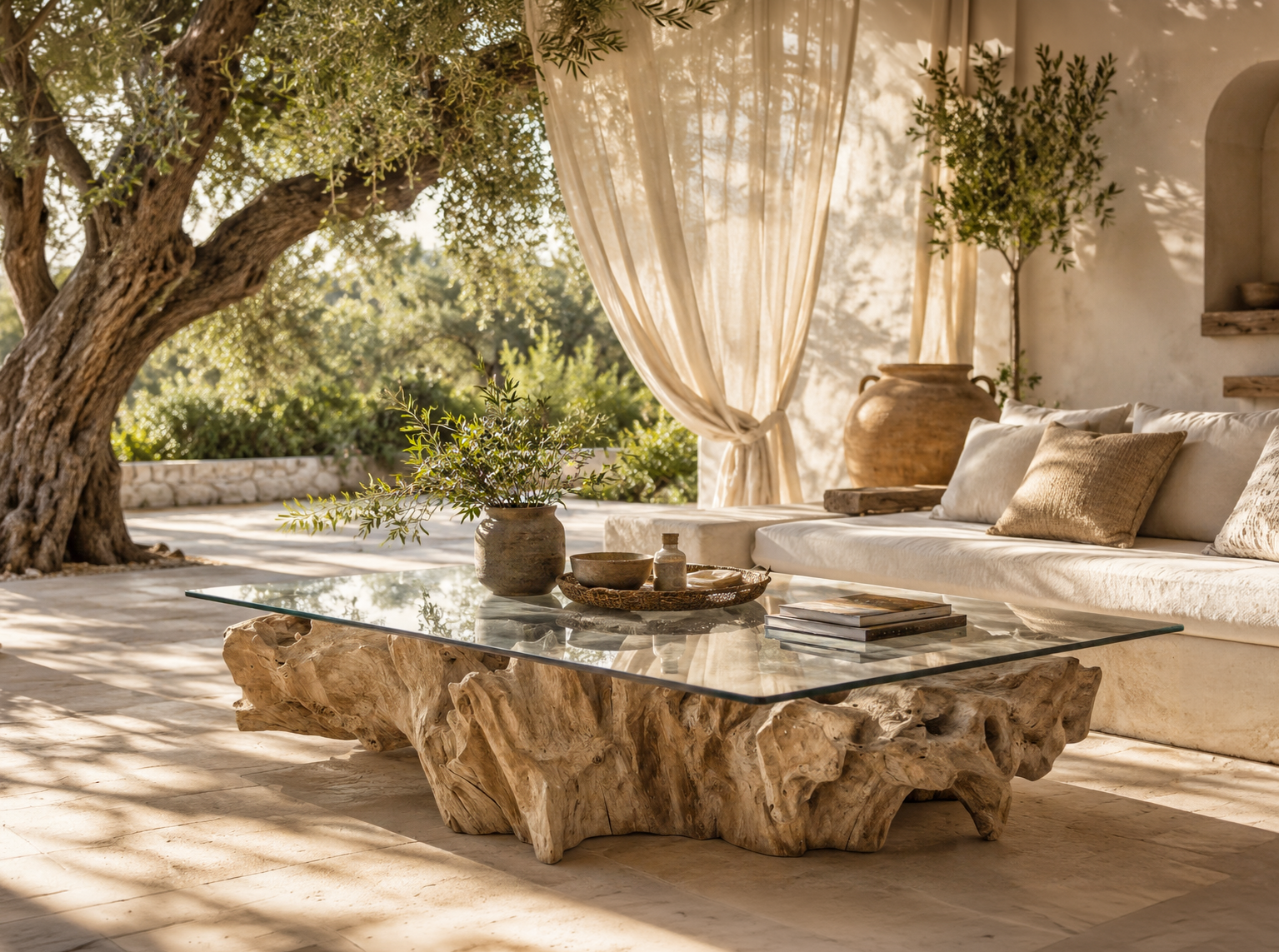 Outdoor setting with a natural wood coffee table, white cushions, and draped curtains.