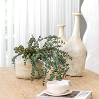 Uniqwa Collections a collection of textured ceramic vases with lush greenery arranged on a natural wooden table, complemented by a sculptural ceramic cup and a design magazine, creating a serene and organic aesthetic