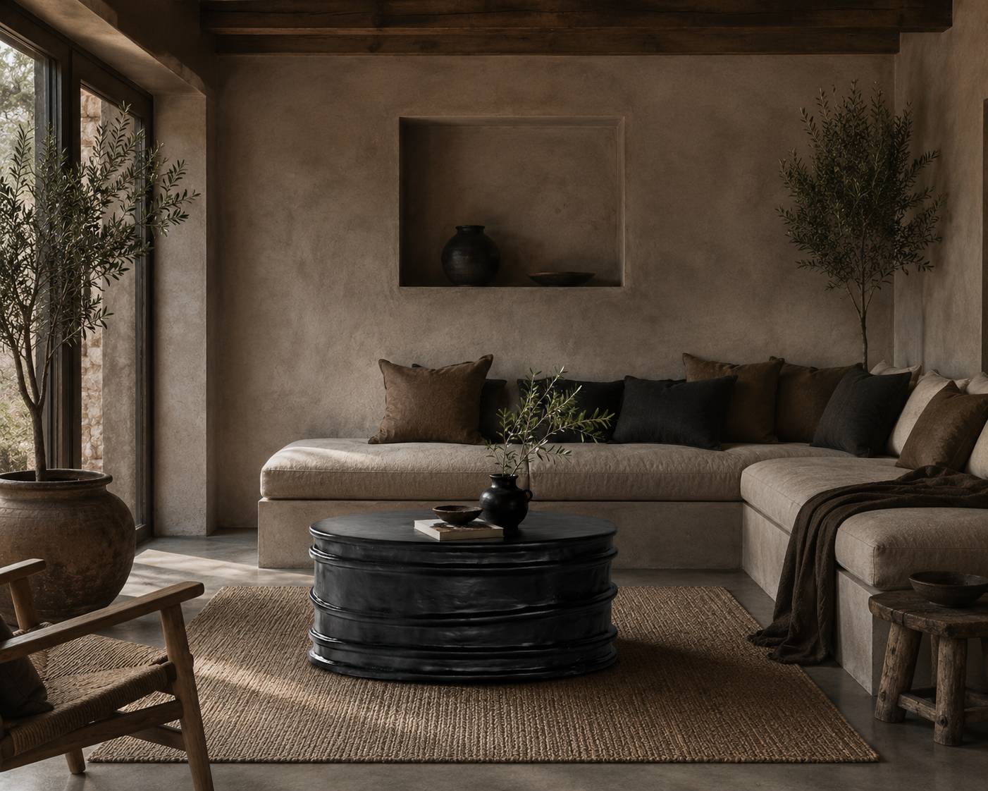 Thembu coffee table in black with a sculptural layered silhouette styled in a moody contemporary living room with earthy textures and natural accents.