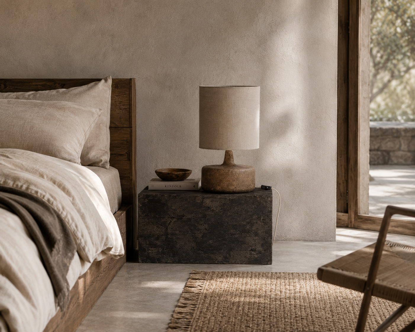 Zaya table lamp with a sculptural textured base and natural fabric shade styled on a dark stone bedside table in a warm and tranquil bedroom.