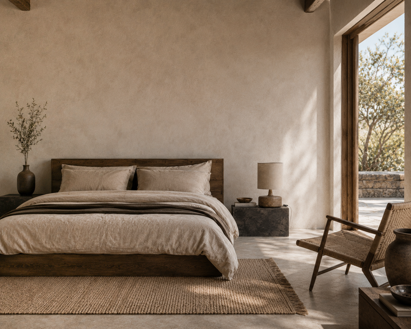 Zaya table lamp with a sculptural textured base and natural fabric shade styled on a dark stone bedside table in a warm minimalist bedroom with timber furnishings.