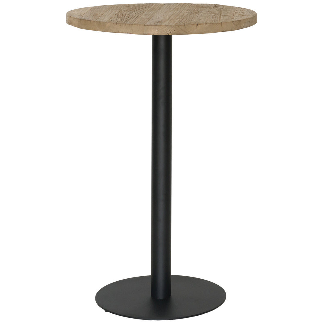 Uniqwa timber bar table top and black metal bar table base with circular pedestal, suitable for commercial and hospitality settings.